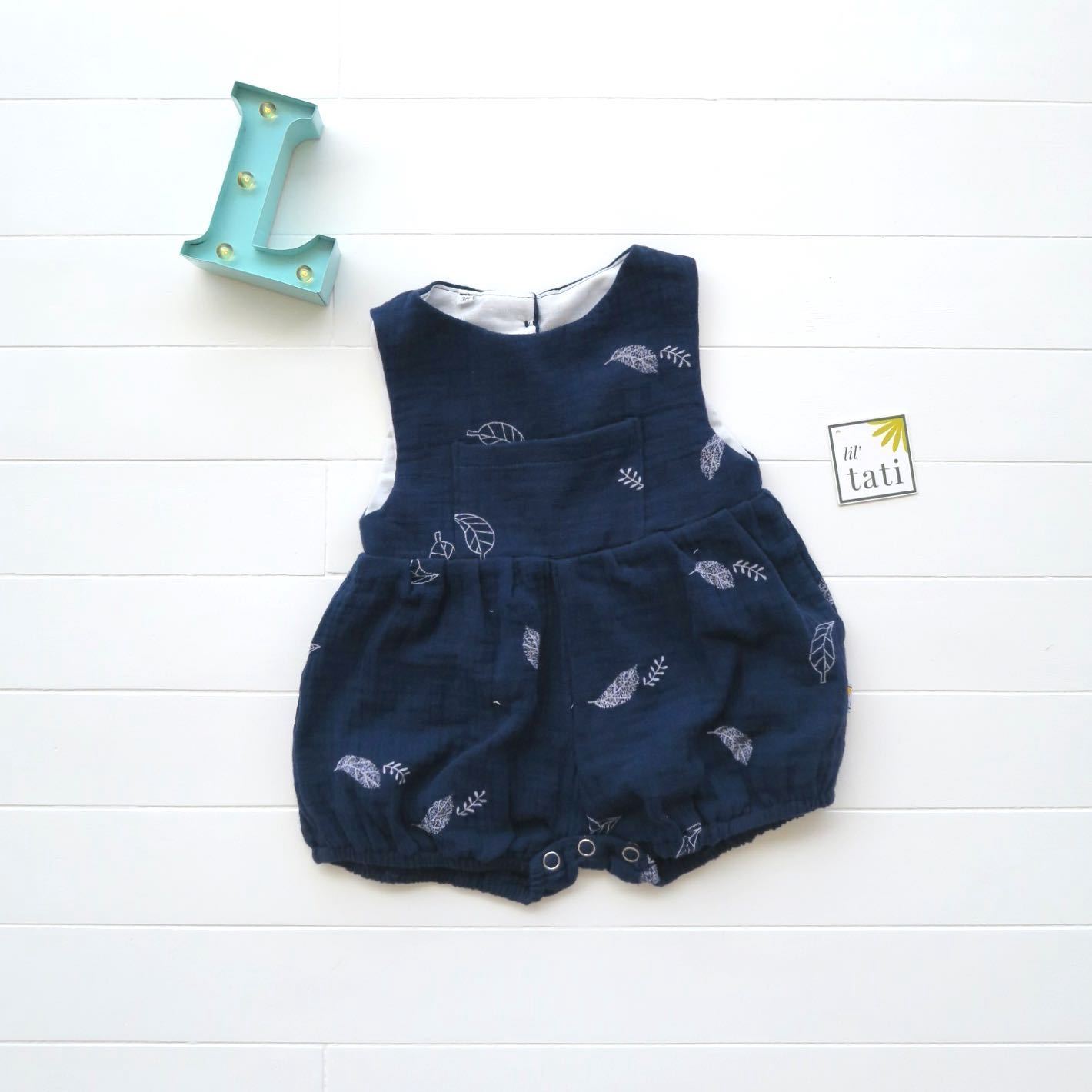 Orchid Playsuit with Front Pocket in Crepe - Leafy Dark Blue - Lil' Tati