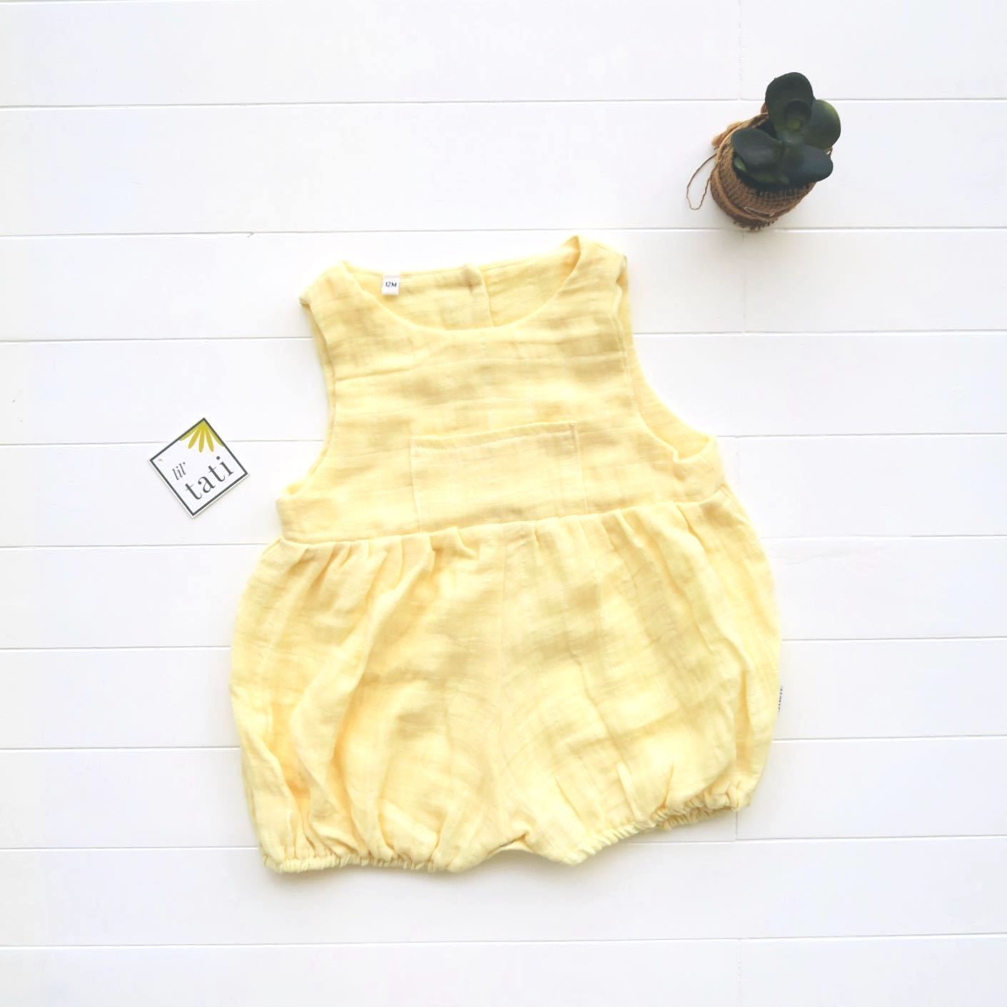 Orchid Playsuit with Front Pocket in Organic Muslin - Yellow - Lil' Tati