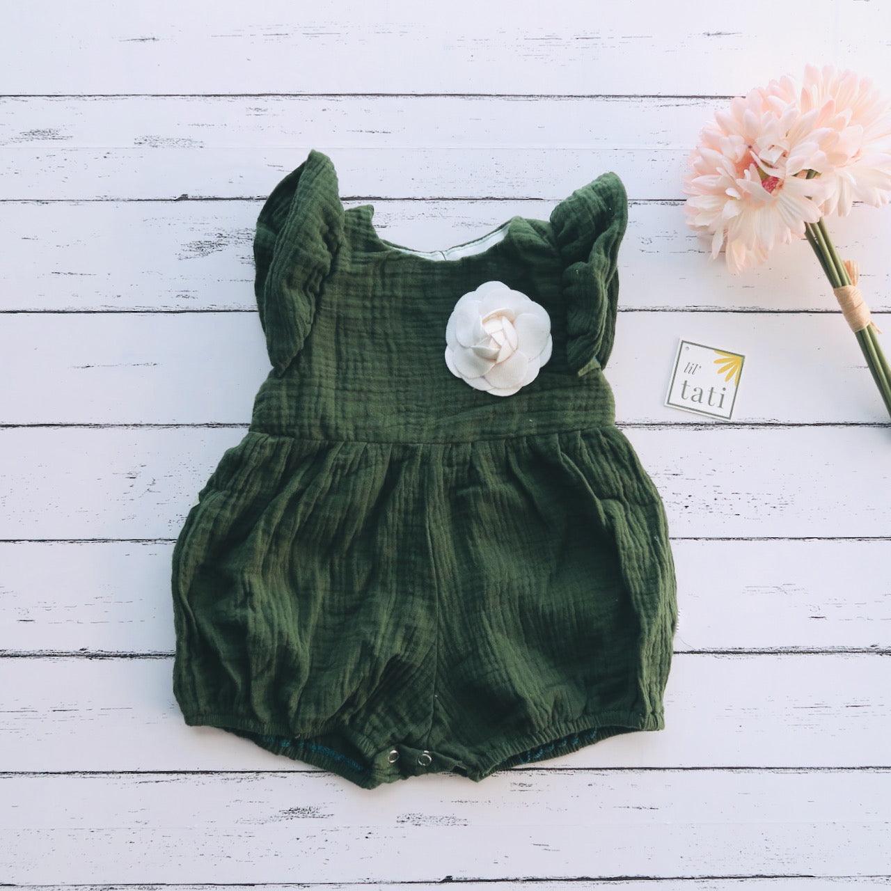 Orchid Playsuit - Ruffle Sleeves in Forest Green Crepe - Lil' Tati