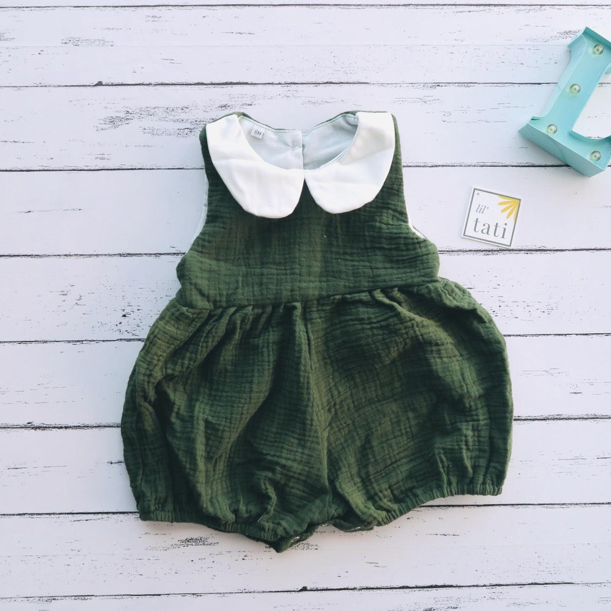 Orchid Playsuit - Collar in Forest Green Crepe - Lil' Tati
