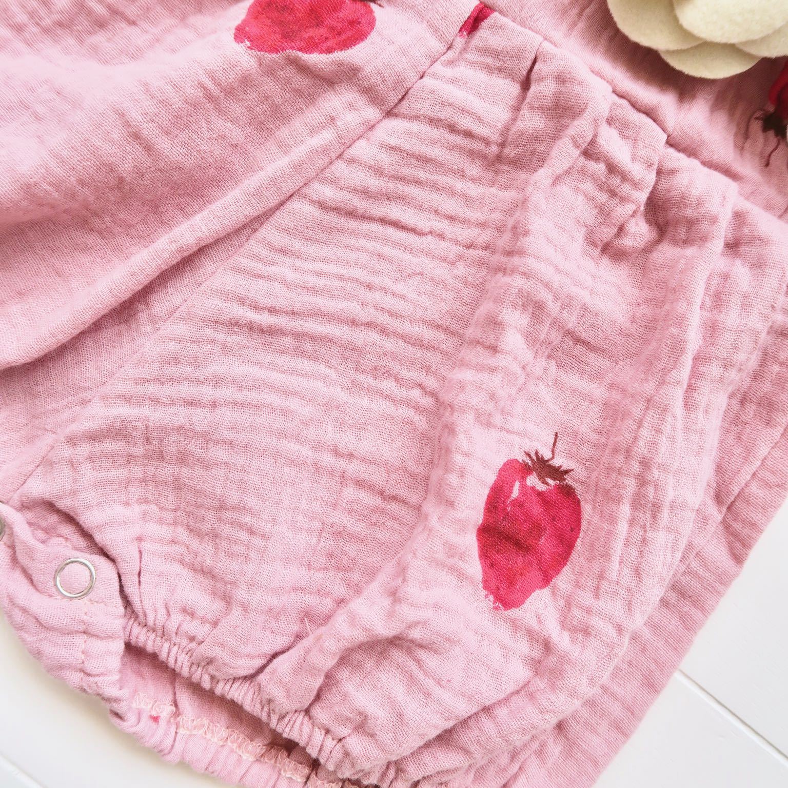 Orchid Playsuit - Pompom Ruffle Sleeves in Crepe Strawberry - Old Rose - Lil' Tati