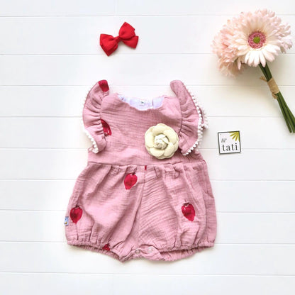 Orchid Playsuit - Pompom Ruffle Sleeves in Crepe Strawberry - Old Rose - Lil' Tati