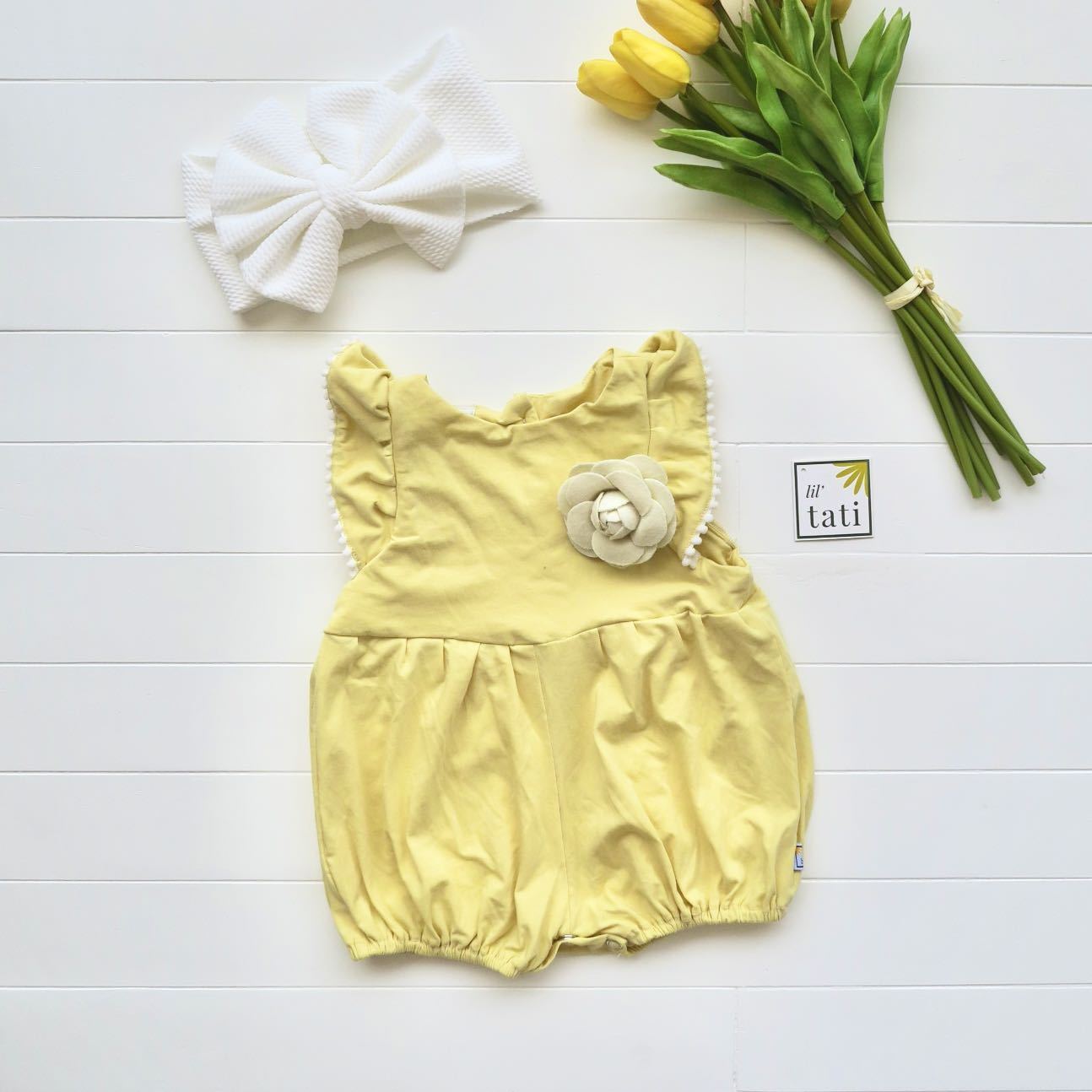 Orchid Playsuit - Ruffle Sleeves in Yellow Cotton Stretch - Lil' Tati