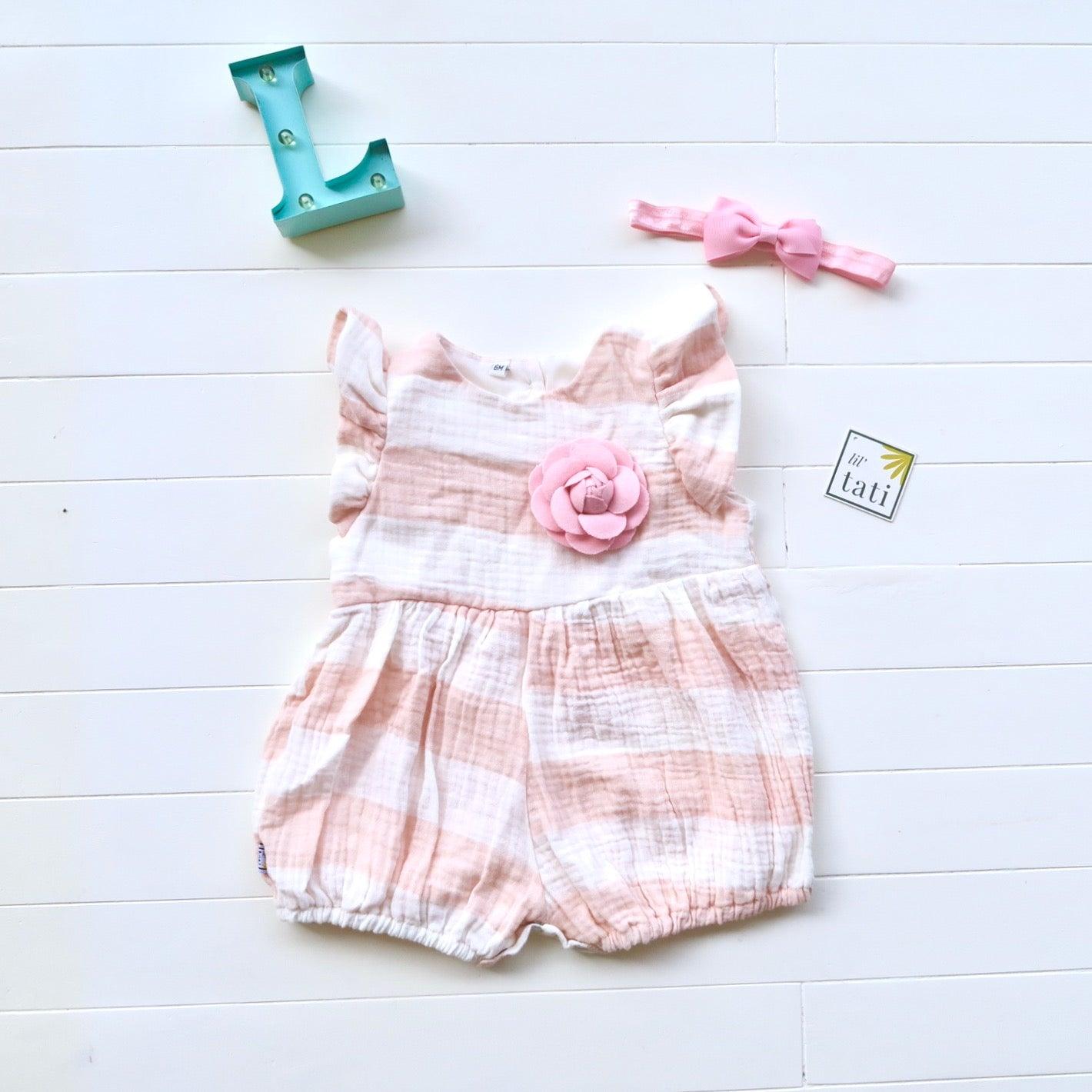 Orchid Playsuit - Ruffle Sleeves in Light Pink Stripes Crepe - Lil' Tati