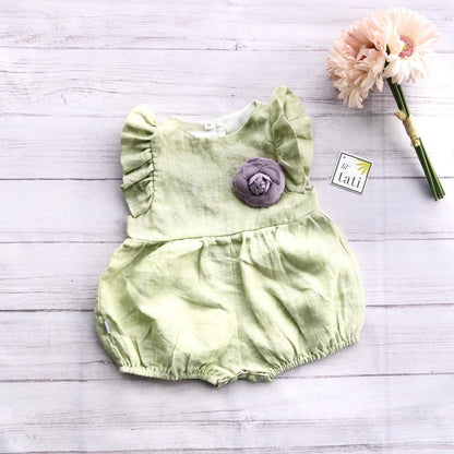 Orchid Playsuit - Ruffle Sleeves in Light Green Linen - Lil' Tati