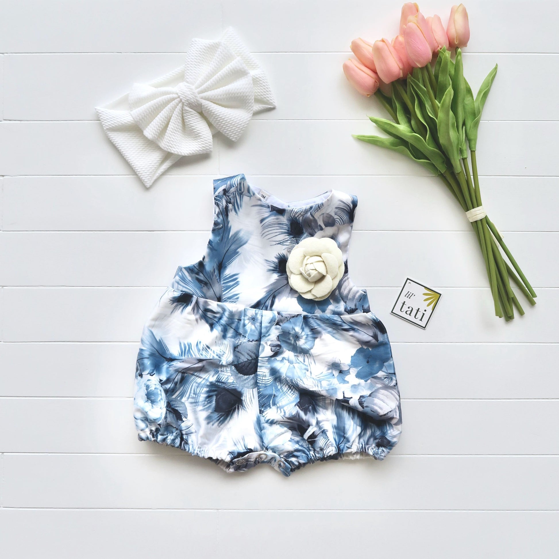 Orchid Playsuit in Blue Feather Sateen - Lil' Tati