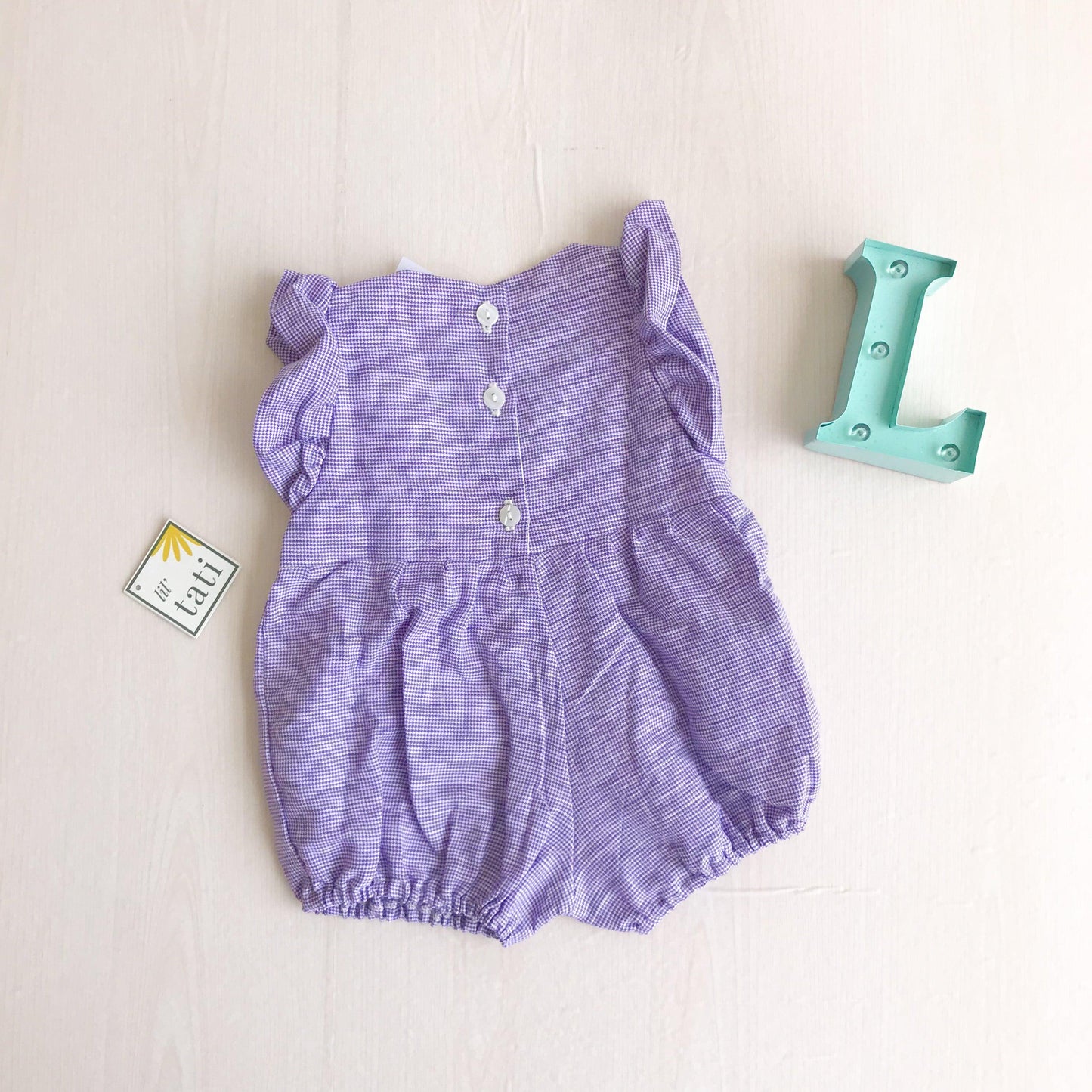 Orchid Playsuit - Ruffle Sleeves in Purple Checkered Linen - Lil' Tati