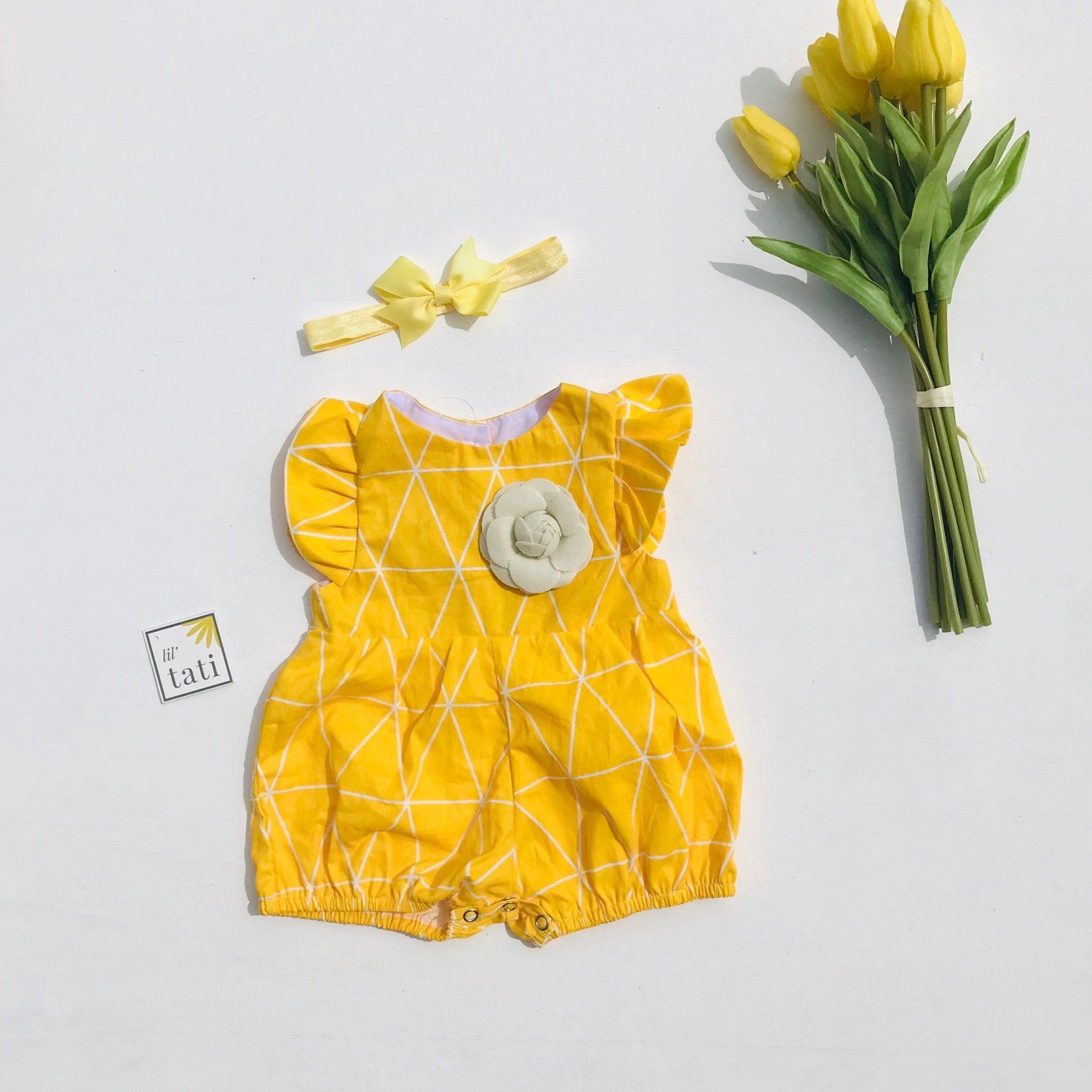 Orchid Playsuit - Ruffle Sleeves in Yellow Triangle - Lil' Tati