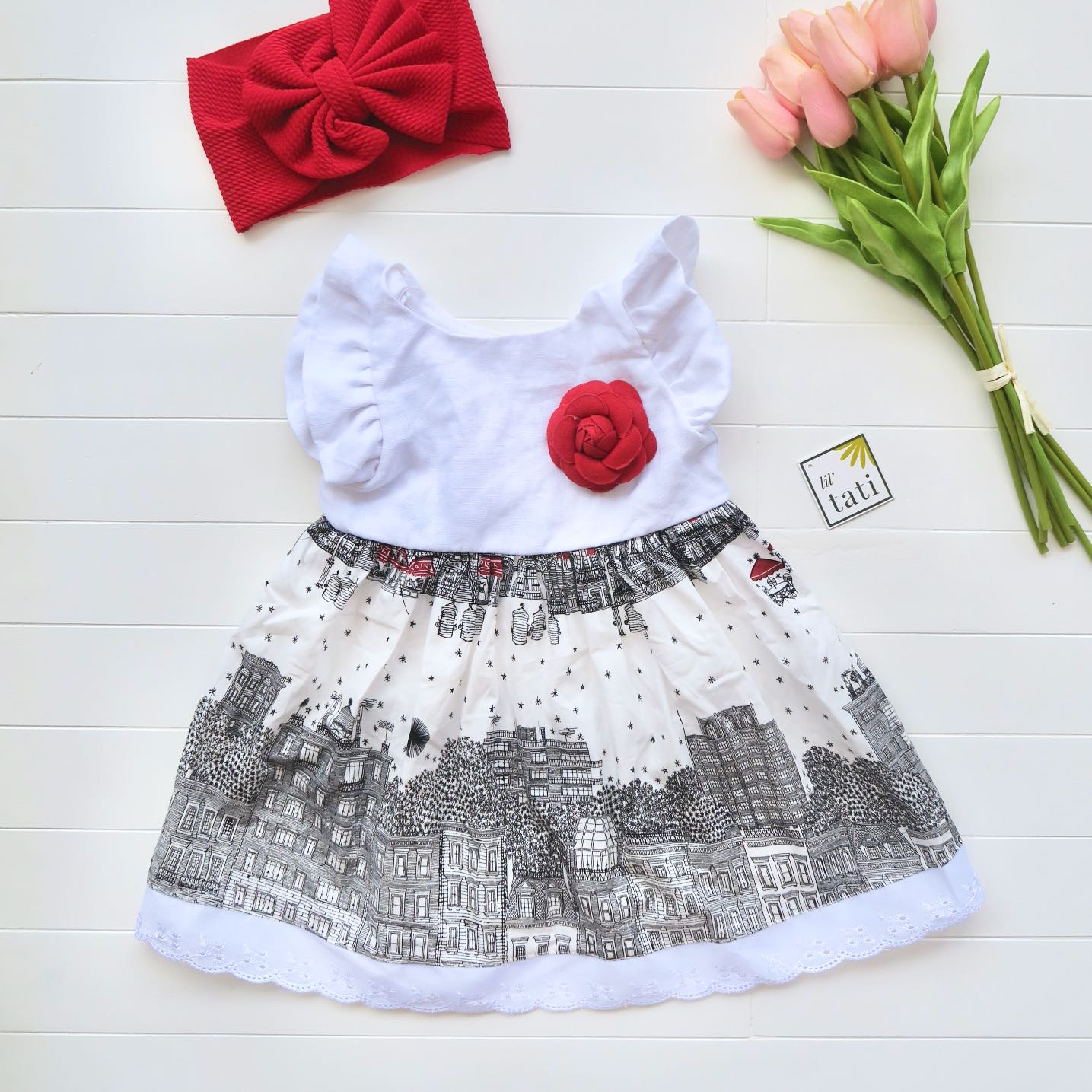 Periwinkle Dress in White Linen & Skyline Red Print - Lil' Tati
