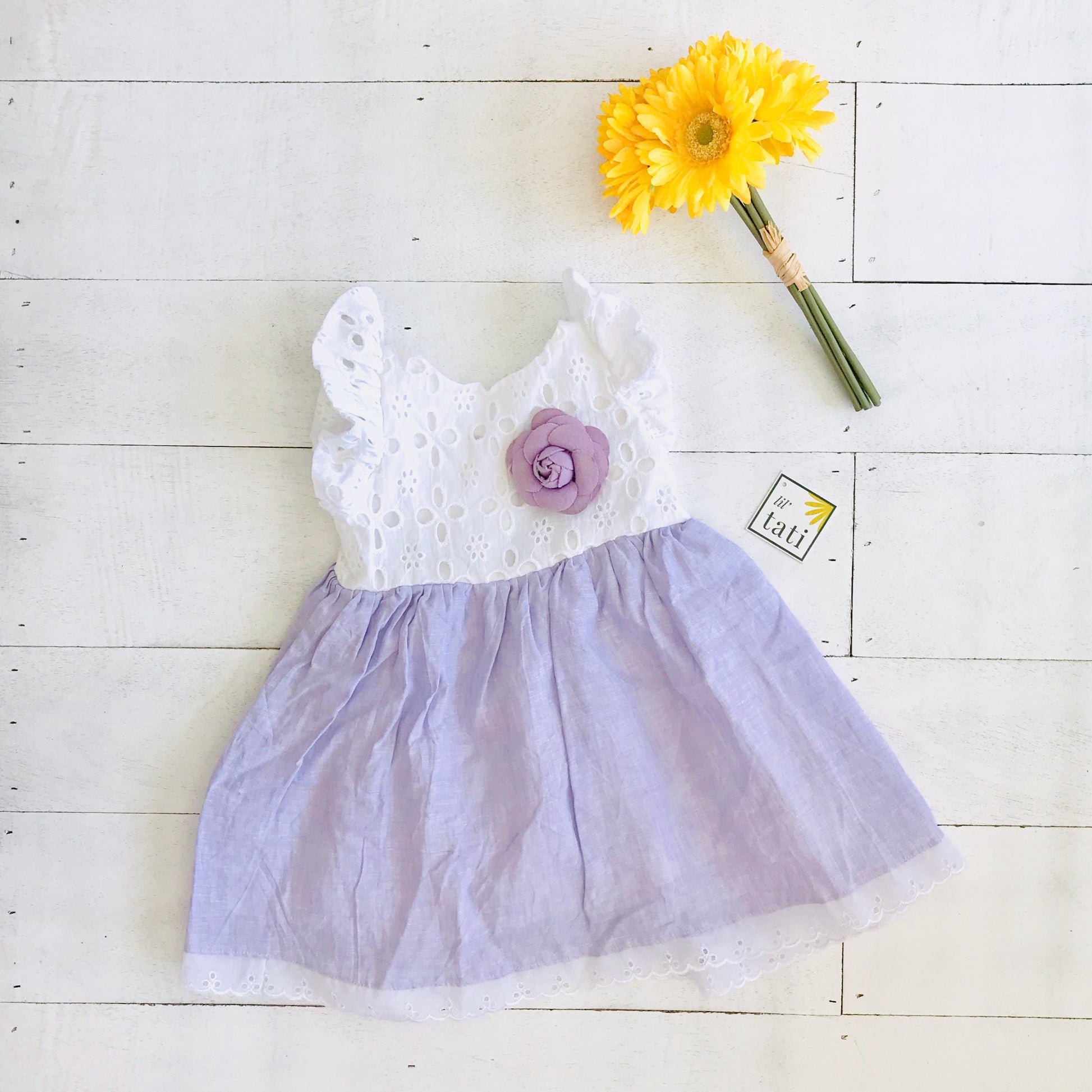 Periwinkle Dress in White Eyelet & Purple Linen - Lil' Tati