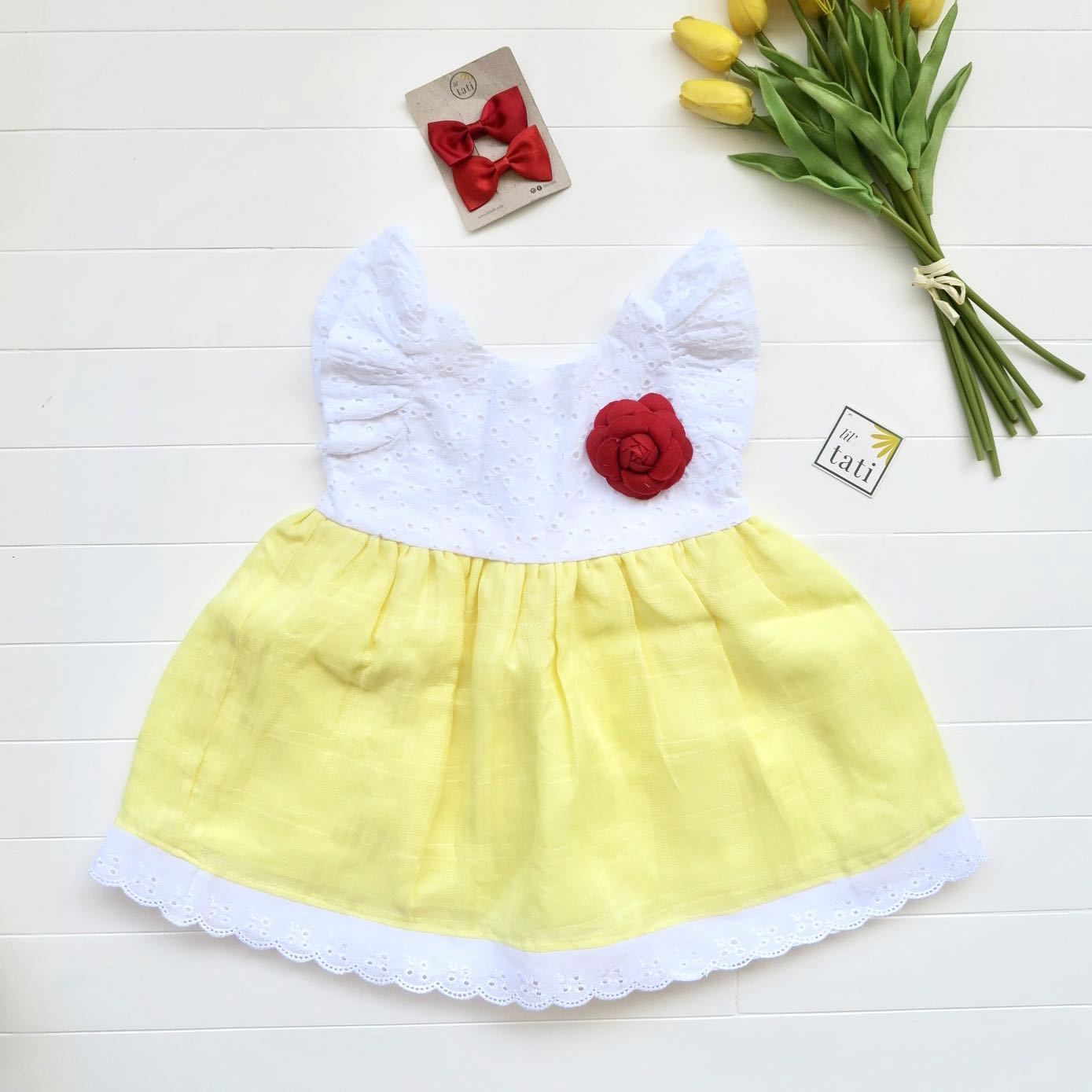 Periwinkle Dress in White Eyelet & Yellow Linen - Lil' Tati