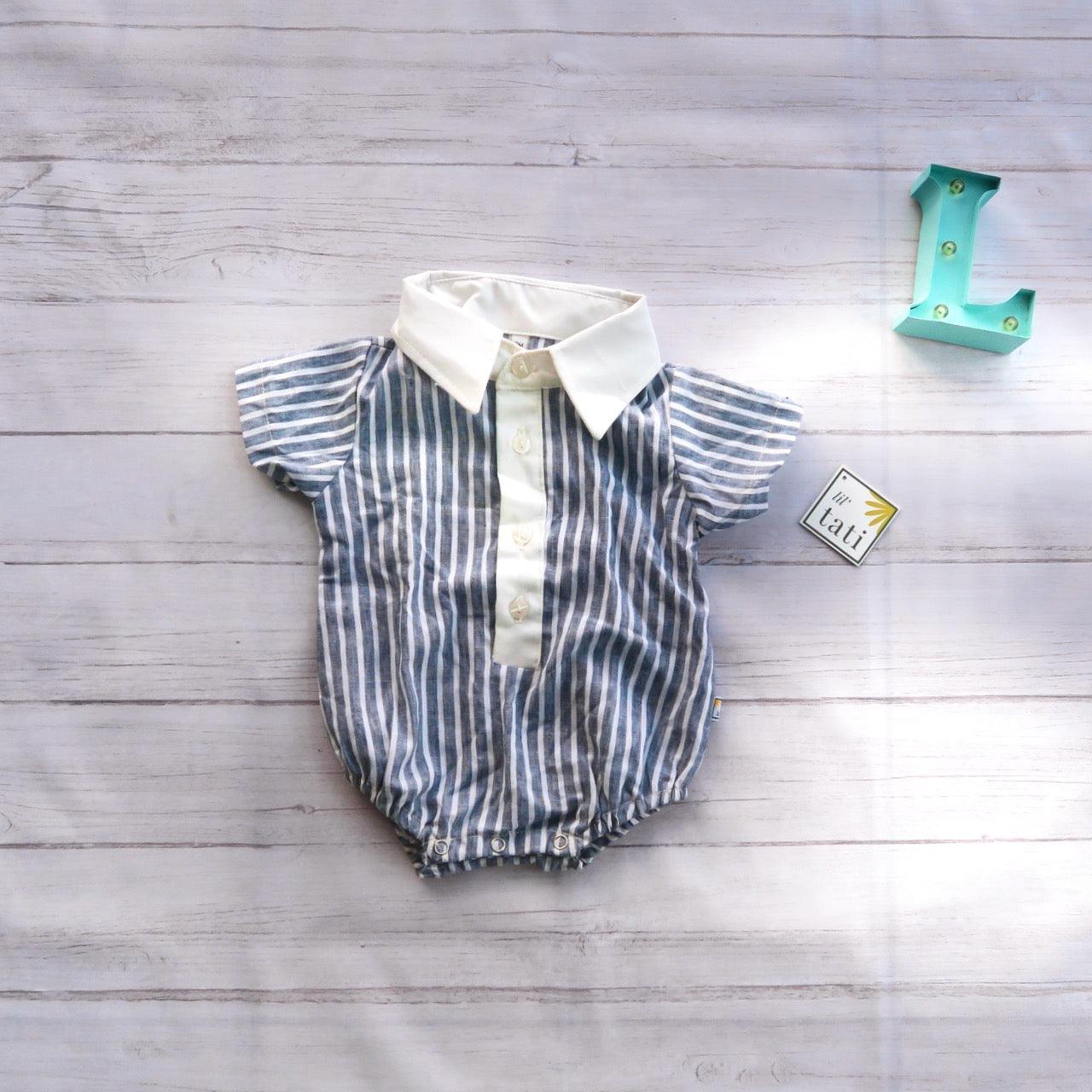 Pine Playsuit in Navy Stripes and White Linen - Lil' Tati