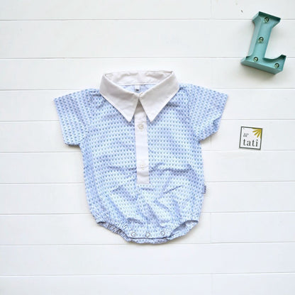 Pine Collared Onesie in Tiny Blue Diamonds - Lil' Tati