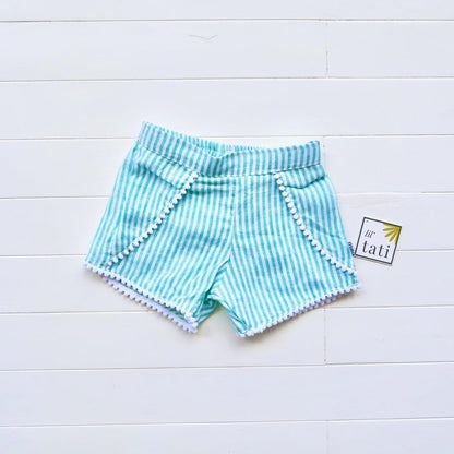 Pompom Shorts in Arcadia Green Linen - Lil' Tati