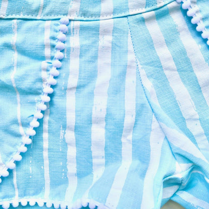 Pompom Shorts in Blue Paint Streaks Linen - Lil' Tati