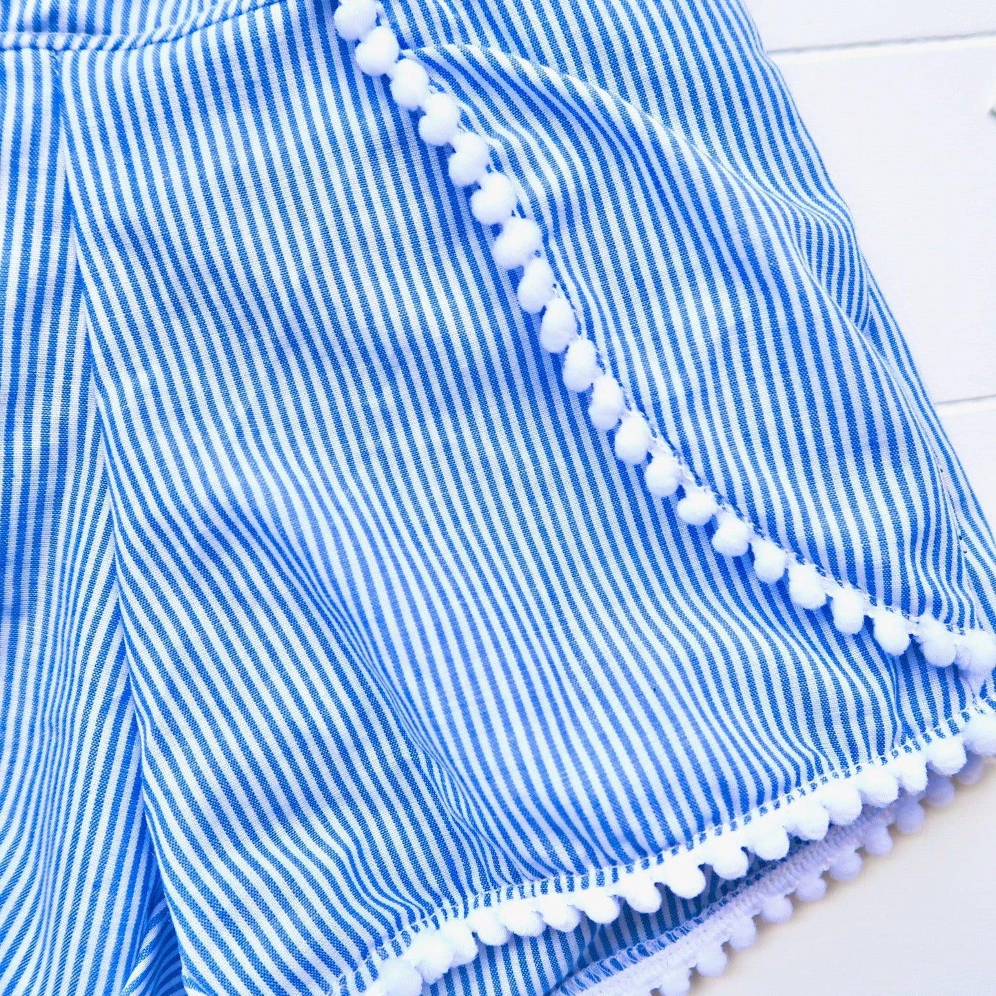 Pompom Shorts in Blue Pinstripes - Lil' Tati