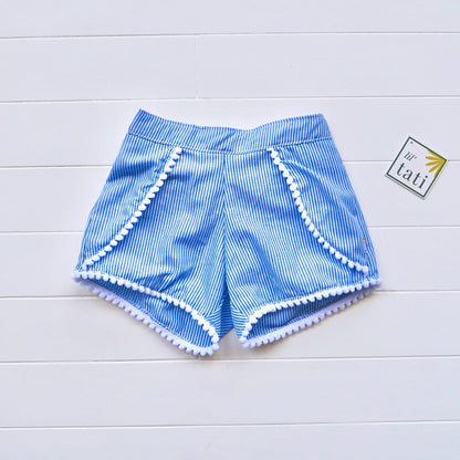 Pompom Shorts in Blue Pinstripes - Lil' Tati