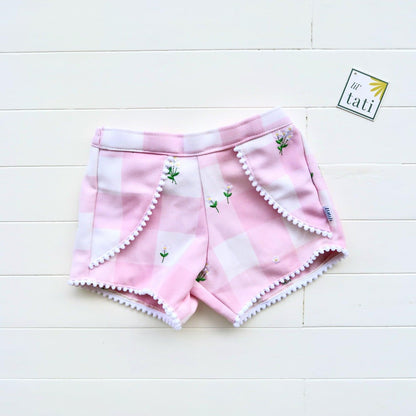 Pompom Shorts in Checkered Pink - Lil' Tati