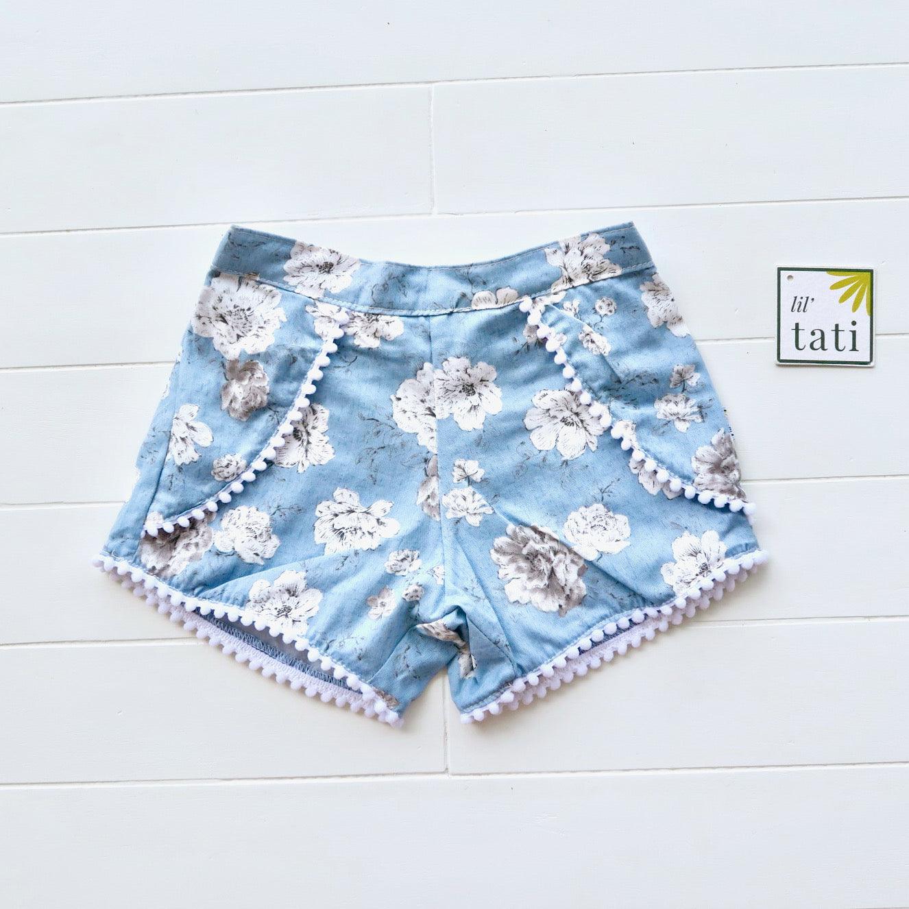 Pompom Shorts in Cotton Flower Blue Print - Lil' Tati