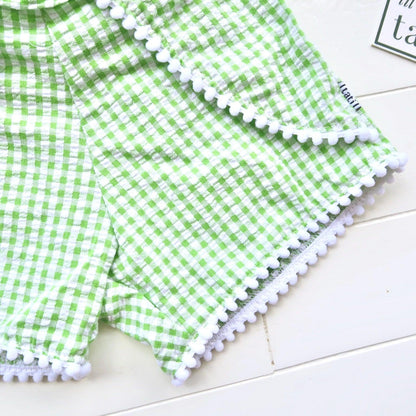 Pompom Shorts in Green Seersucker - Lil' Tati
