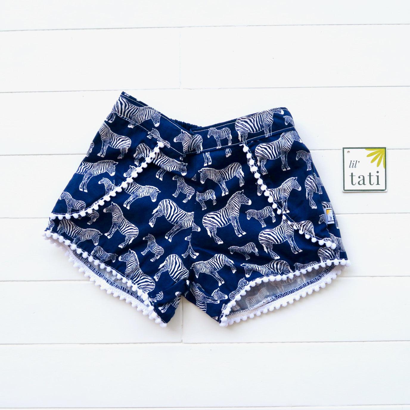 Pompom Shorts in Navy Zebra - Lil' Tati