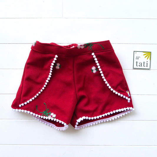 Pompom Shorts in Red Embroidery - Lil' Tati