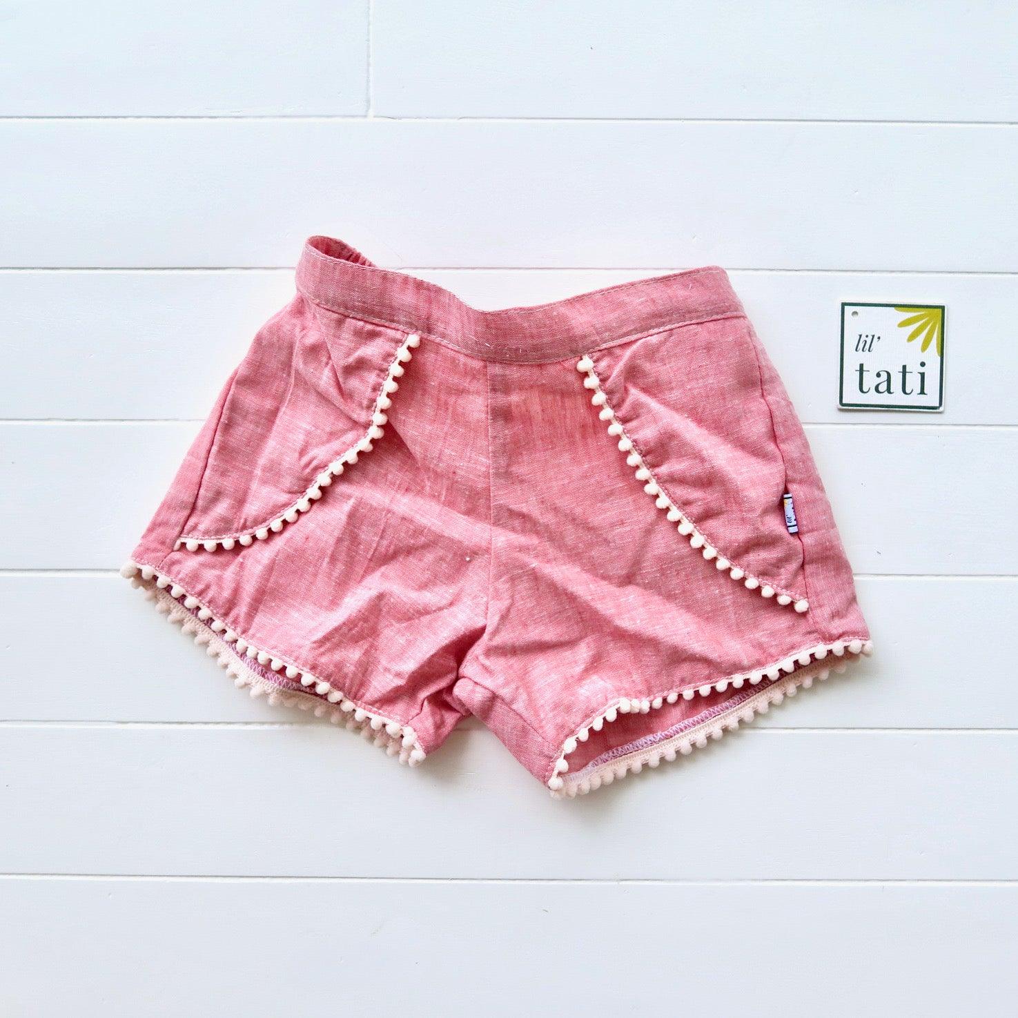 Pompom Shorts in Red Linen - Lil' Tati