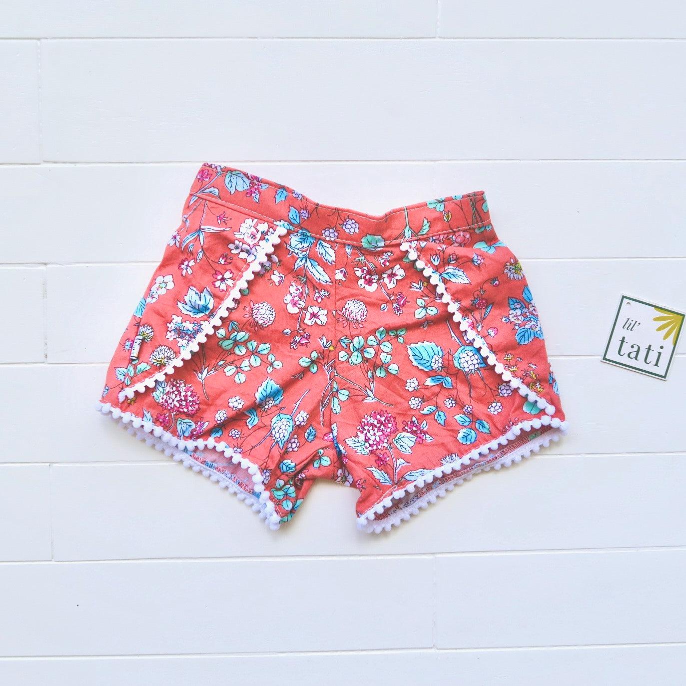 Pompom Shorts in Red Orange Garden Print - Lil' Tati