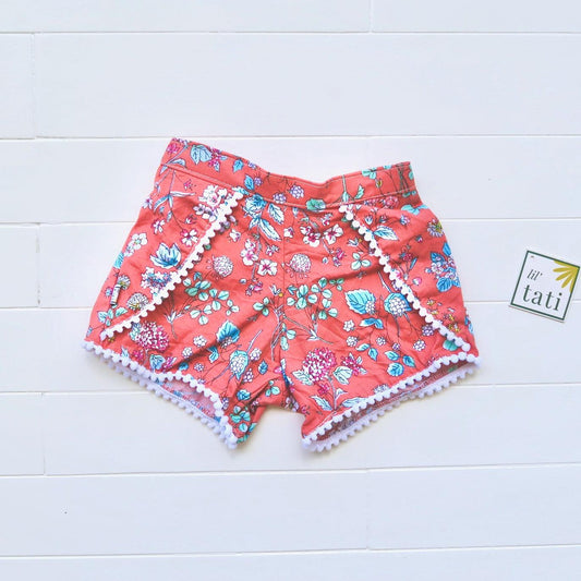 Pompom Shorts in Red Orange Garden Print - Lil' Tati