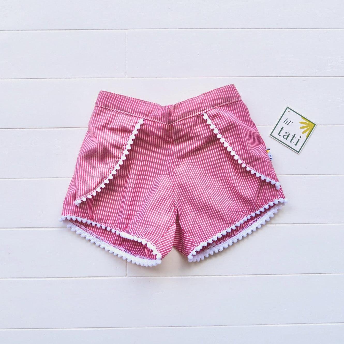 Pompom Shorts in Red Pinstripes - Lil' Tati