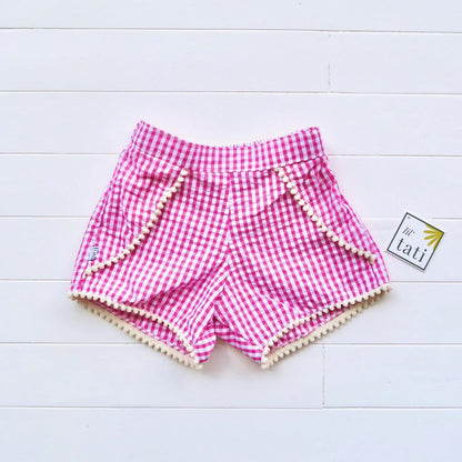 Pompom Shorts in Strawberry PInk Seersucker - Lil' Tati
