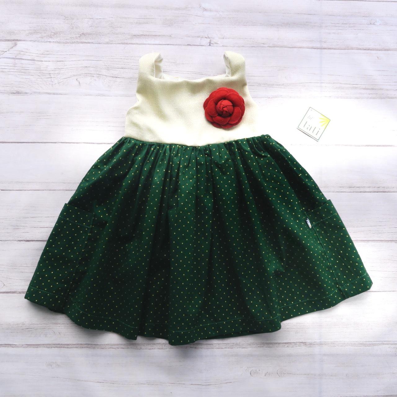Poppy Dress in Mini Gold Polka Green and Sparkly Linen - Lil' Tati