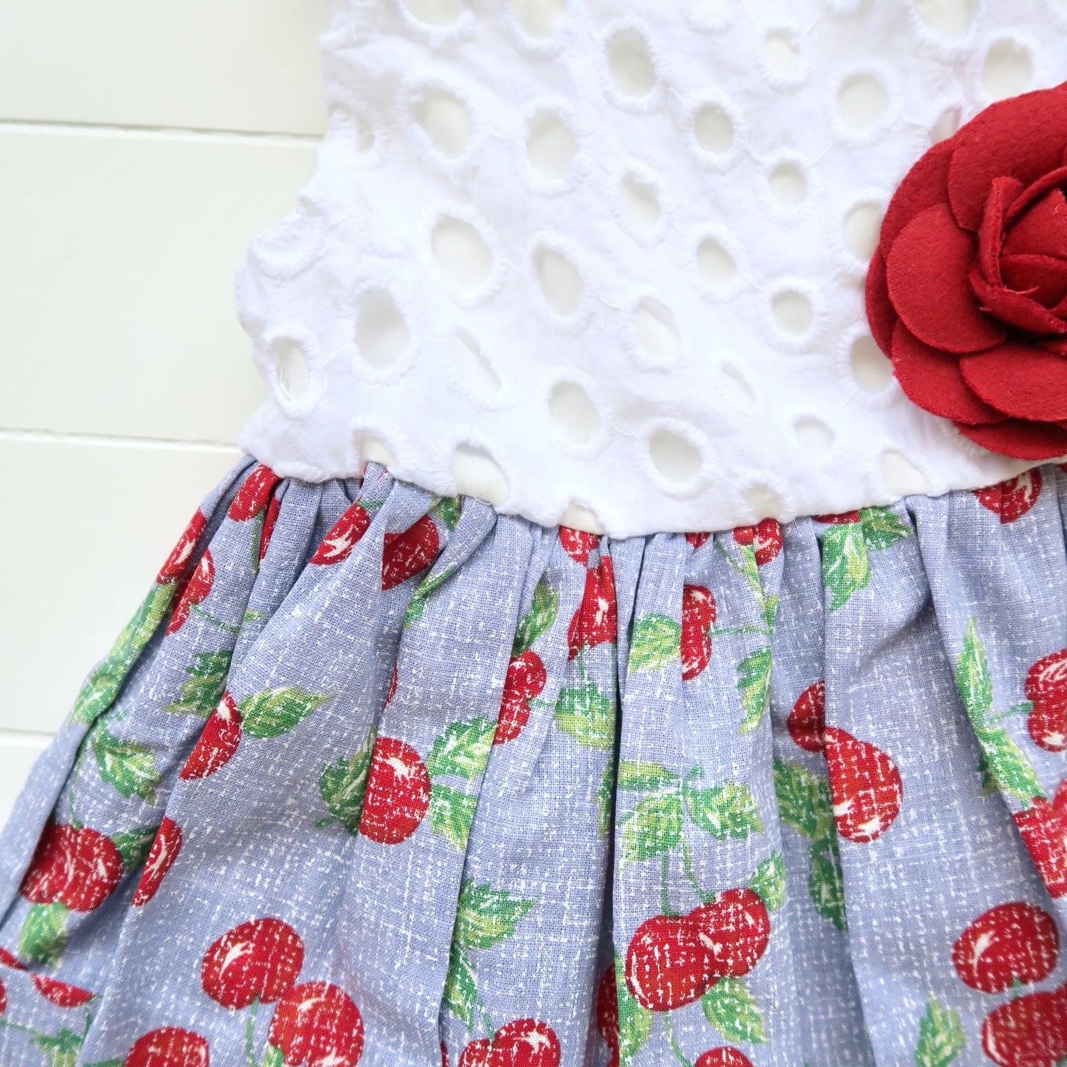 Poppy Dress in White Embroidery and Sky Cherries - Lil' Tati