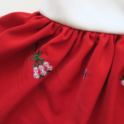 Poppy Ribbon Dress in White Neoprene and Red Embroidery - Lil' Tati