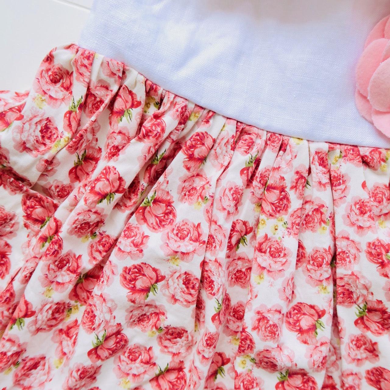 Poppy Ribbon Dress in Pretty Roses and White Linen - Lil' Tati