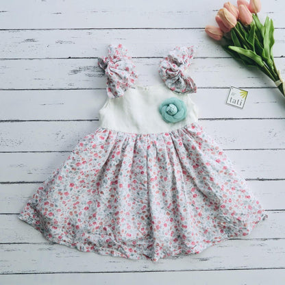 Poppy Ribbon Dress in Soft Pink Flowers and White Linen - Lil' Tati