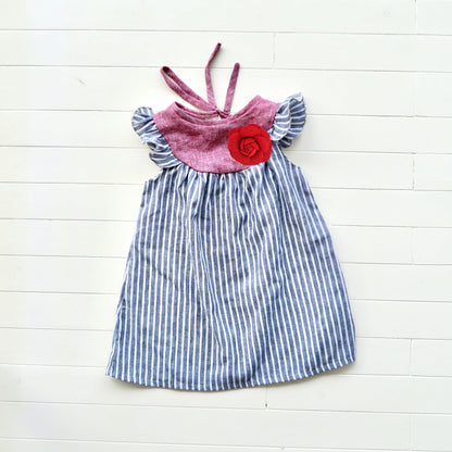 Rosemary Dress in Maroon Linen & Deep Blue Stripes - Lil' Tati