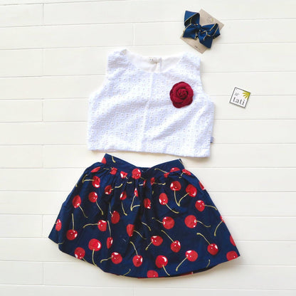 Sage Top and Skirt in Aztec White Embroidery and Navy Cherries - Lil' Tati