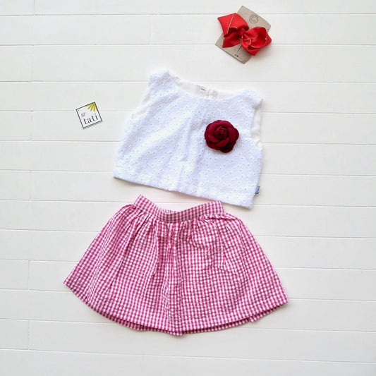 Sage Top and Skirt in White Eyelet and Strawberry Red Seersucker - Lil' Tati