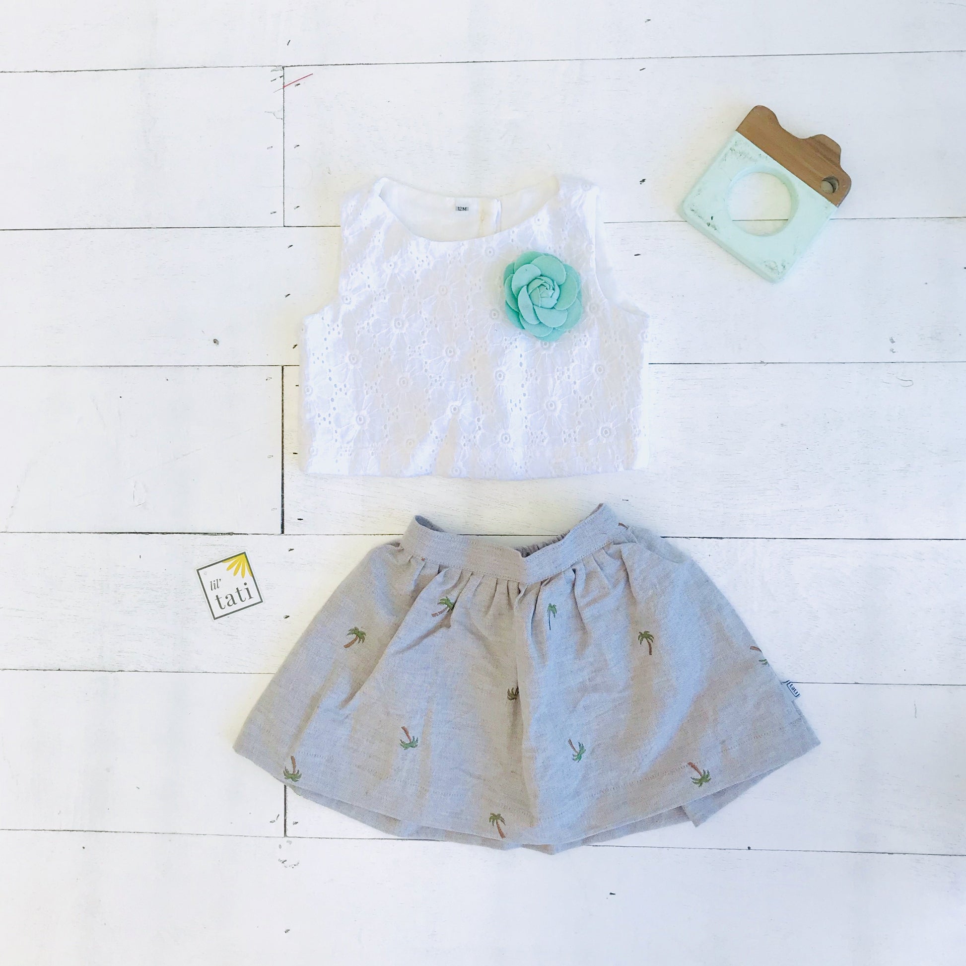 Sage Top and Skirt in White Floral Embroidery and Kokobop Linen - Lil' Tati