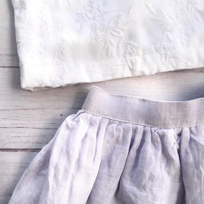 Sage Top and Skirt in White Flower Embroidery and Lilac Linen - Lil' Tati