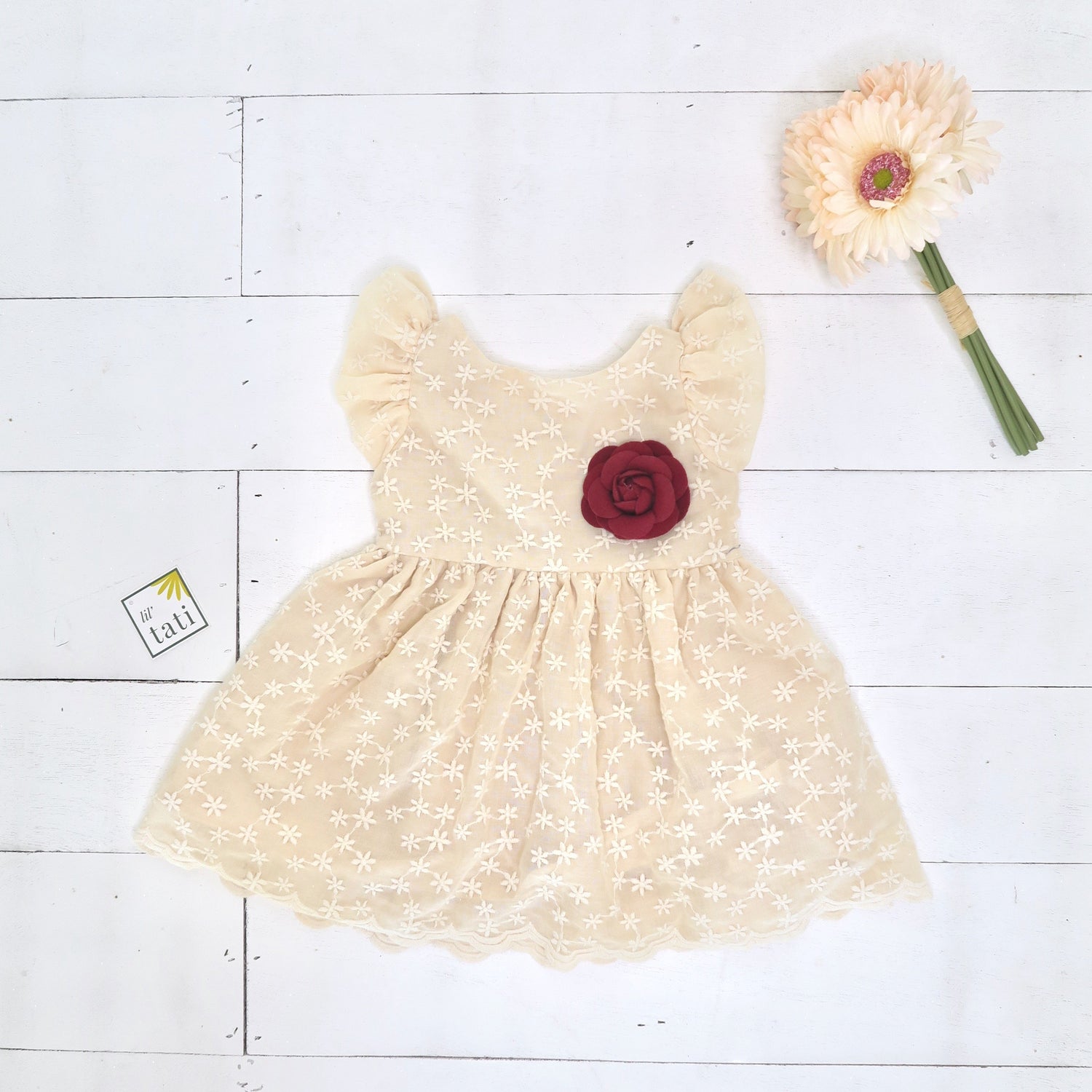 Periwinkle Dress in Santan Embroidery Beige - Lil' Tati