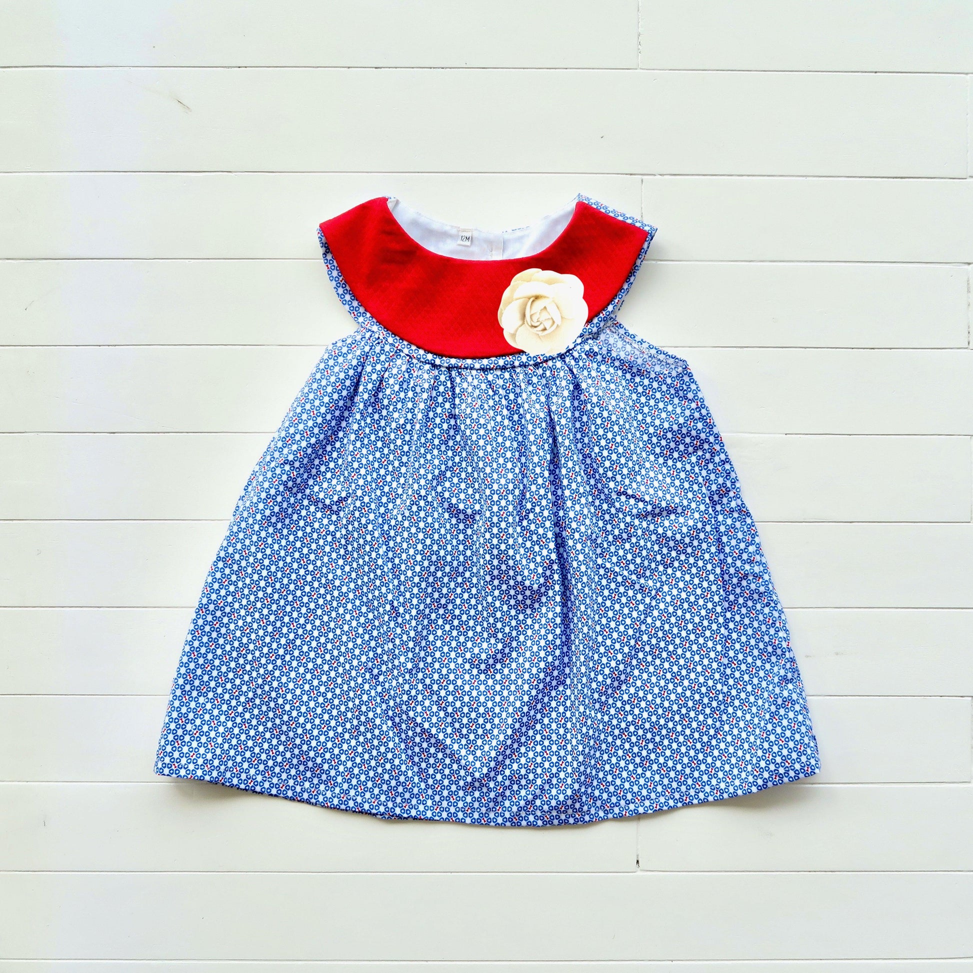 Silene Dress in Bright Red & Tiny Hexagon Blue - Lil' Tati