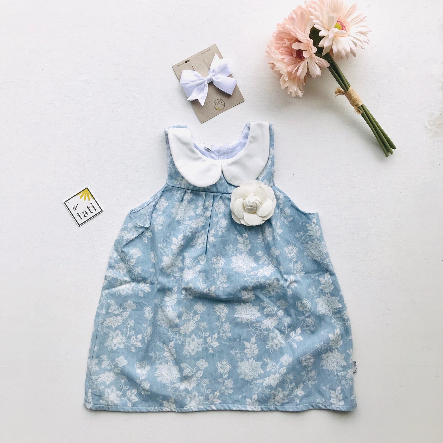 Tea Rose Dress in Soft Denim Floral Print - Lil' Tati