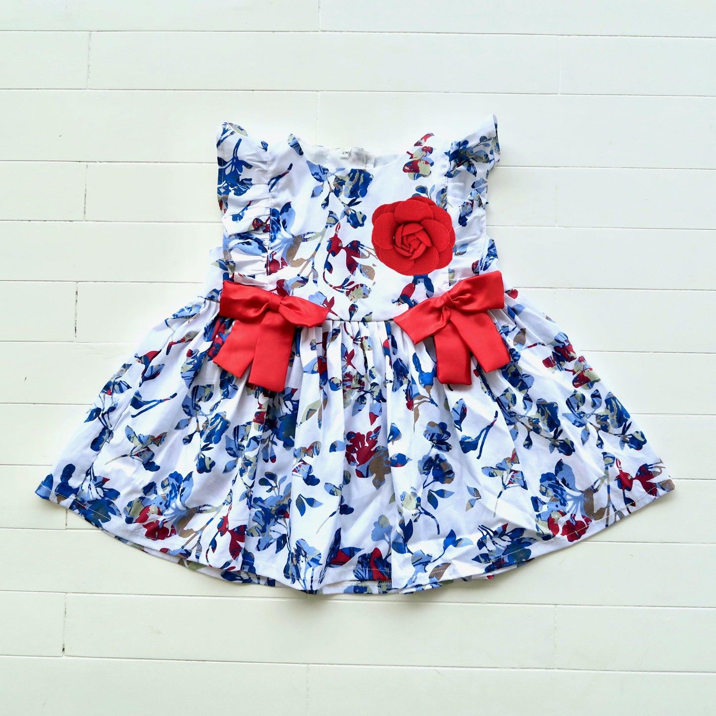 Vinca Dress in Cool Leafy Cutout with Red Ribbon - Lil' Tati