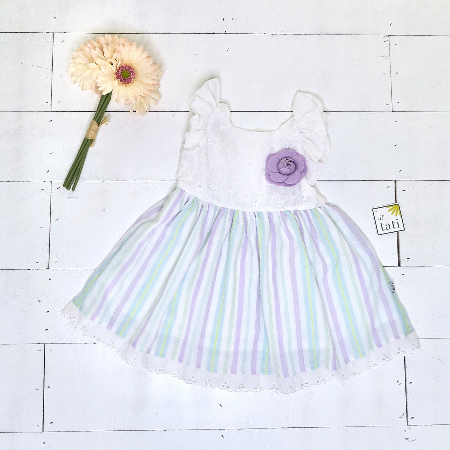 Periwinkle Dress in White Floral Embroidery Lilac Stripes - Lil' Tati