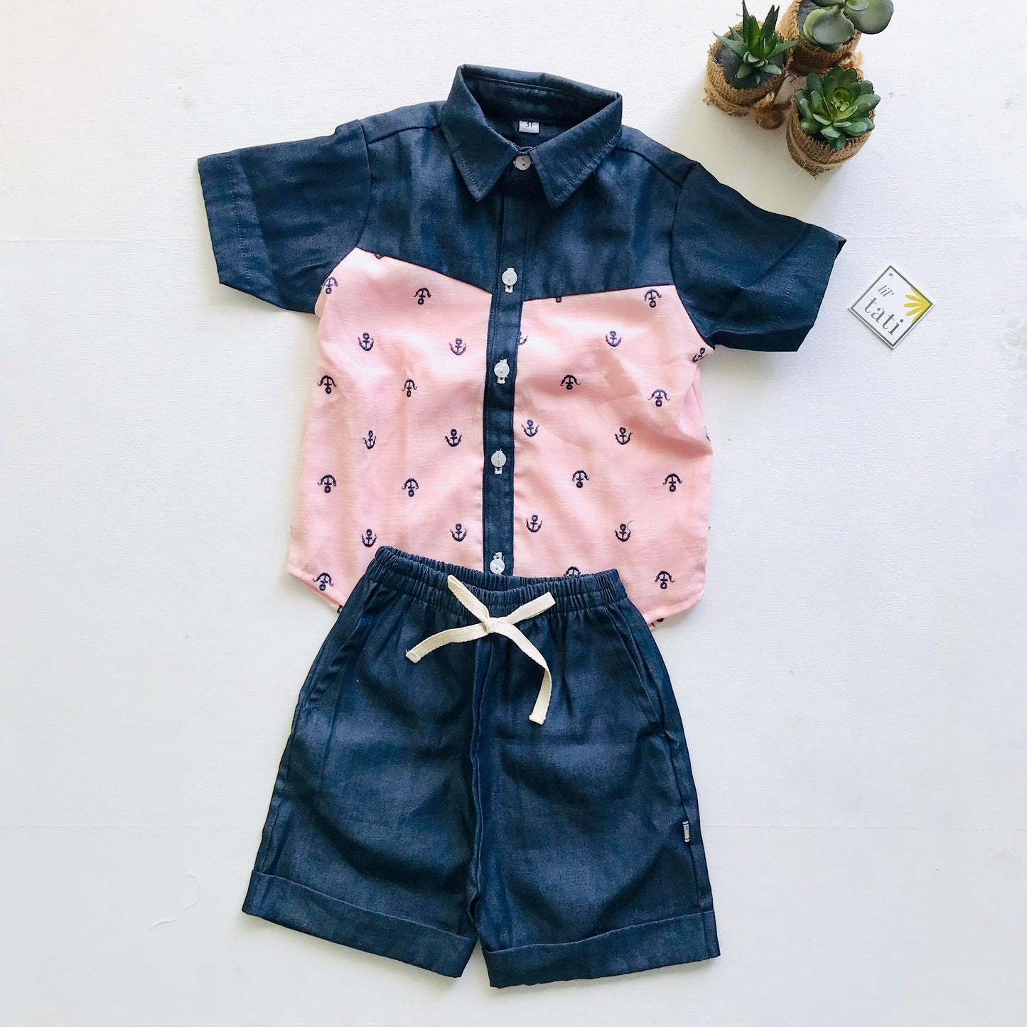 Birch Top & Shorts in Anchor Blush and Dark Blue Denim - Lil' Tati
