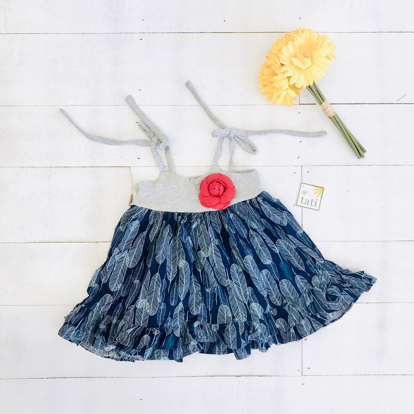 Dahlia Dress - Tie-Strap in Gray Cotton Stretch and Feather Blue - Lil' Tati