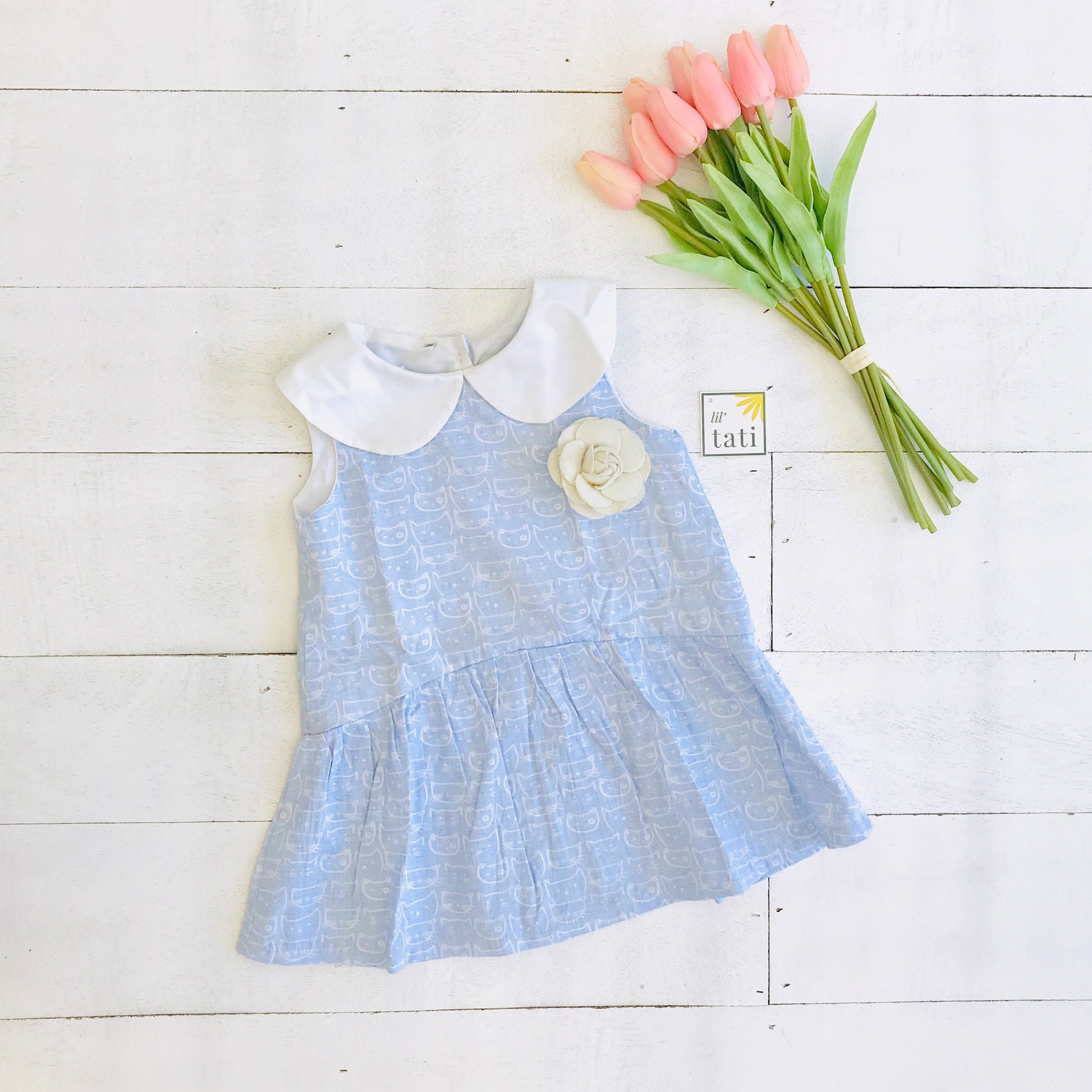 Daisy Dress in Cat Stamp Blue Print - Lil' Tati