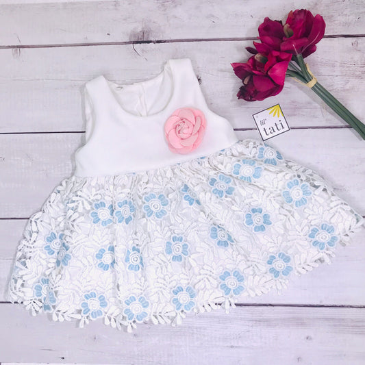 Iris Dress in White Neoprene & Sky Blue Floral Lace - Lil' Tati